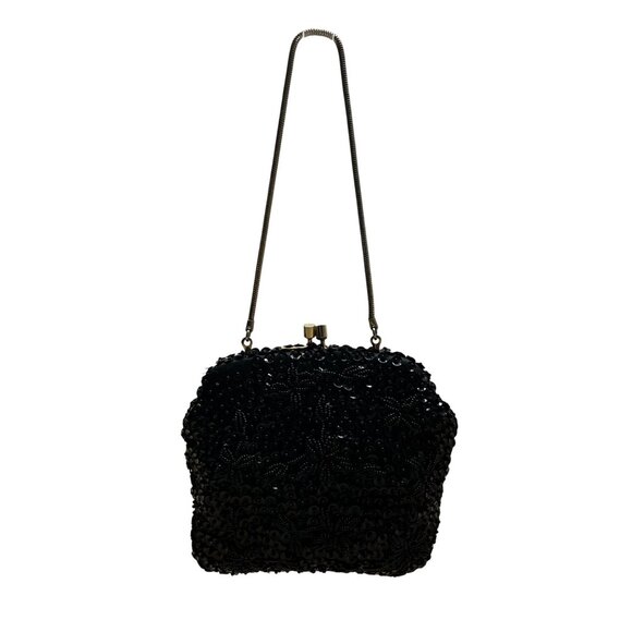 Unbranded Vintage Black Sequin Beaded Metal Frame & Chain Strap Evening Purse - Picture 1 of 9
